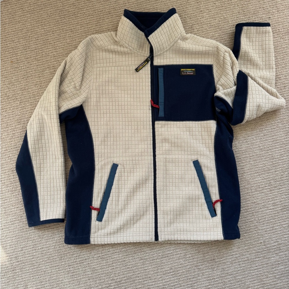 L.L. Bean Cream and Navy Grid Mountain Classic Windproof Fleece Jacket